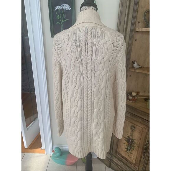 Lands End Ivory Thick Wool Fisherman Cardigan Sweater Shawl Collar - Picture 5 of 8